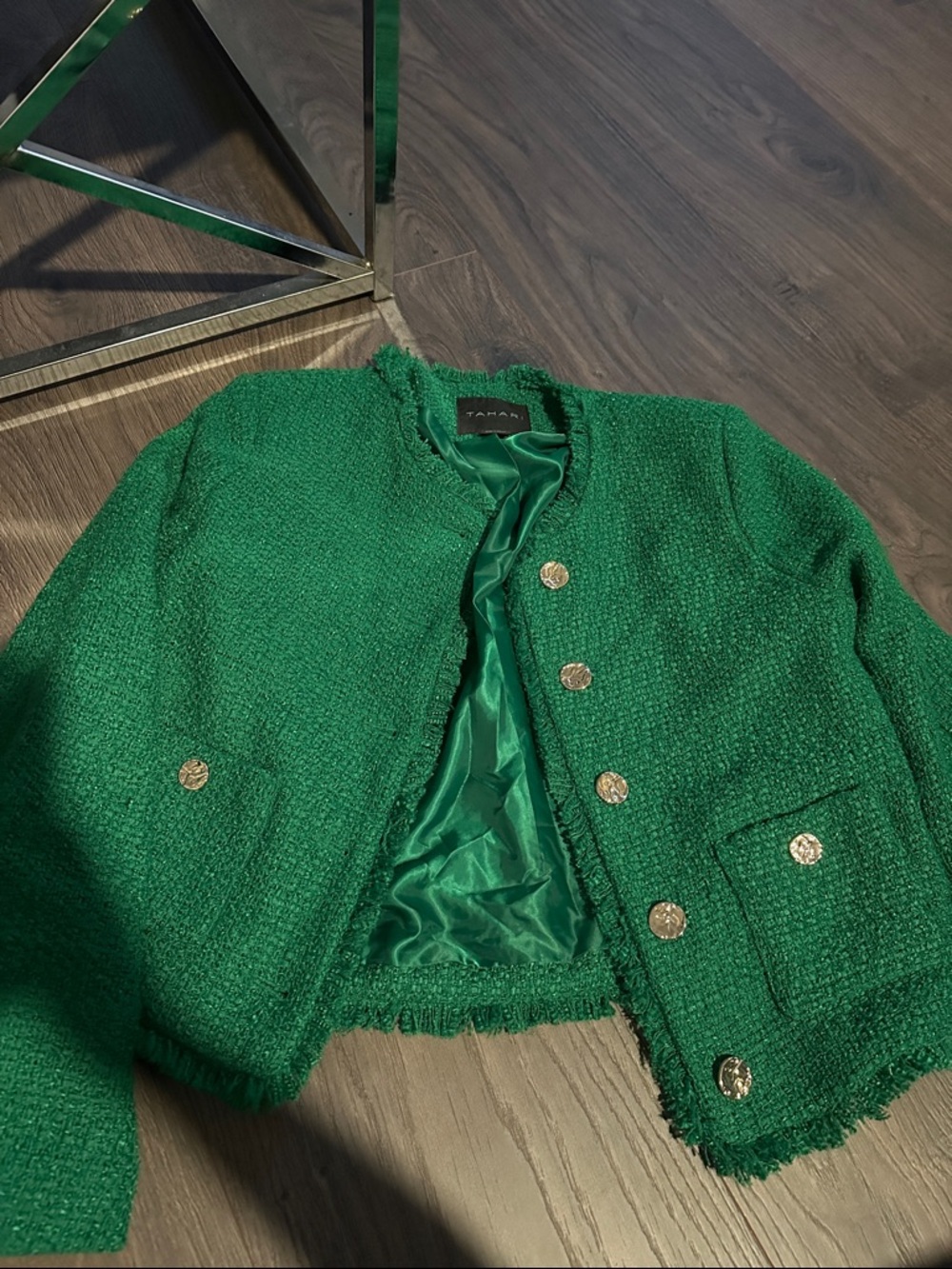 Tahari Green Tweed Cropped Blazer with Gold Buttons